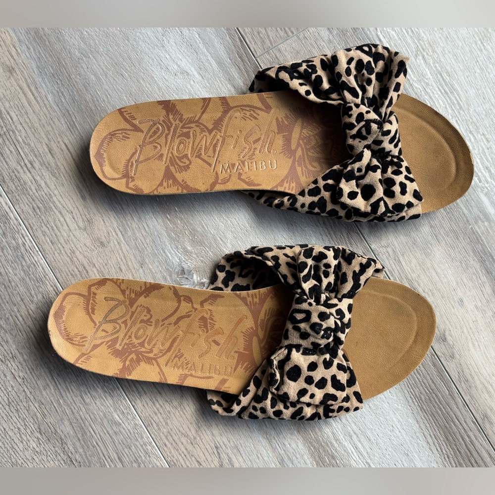 Blowfish Leopard Print Bow Slide Sandals in Tan and Black
